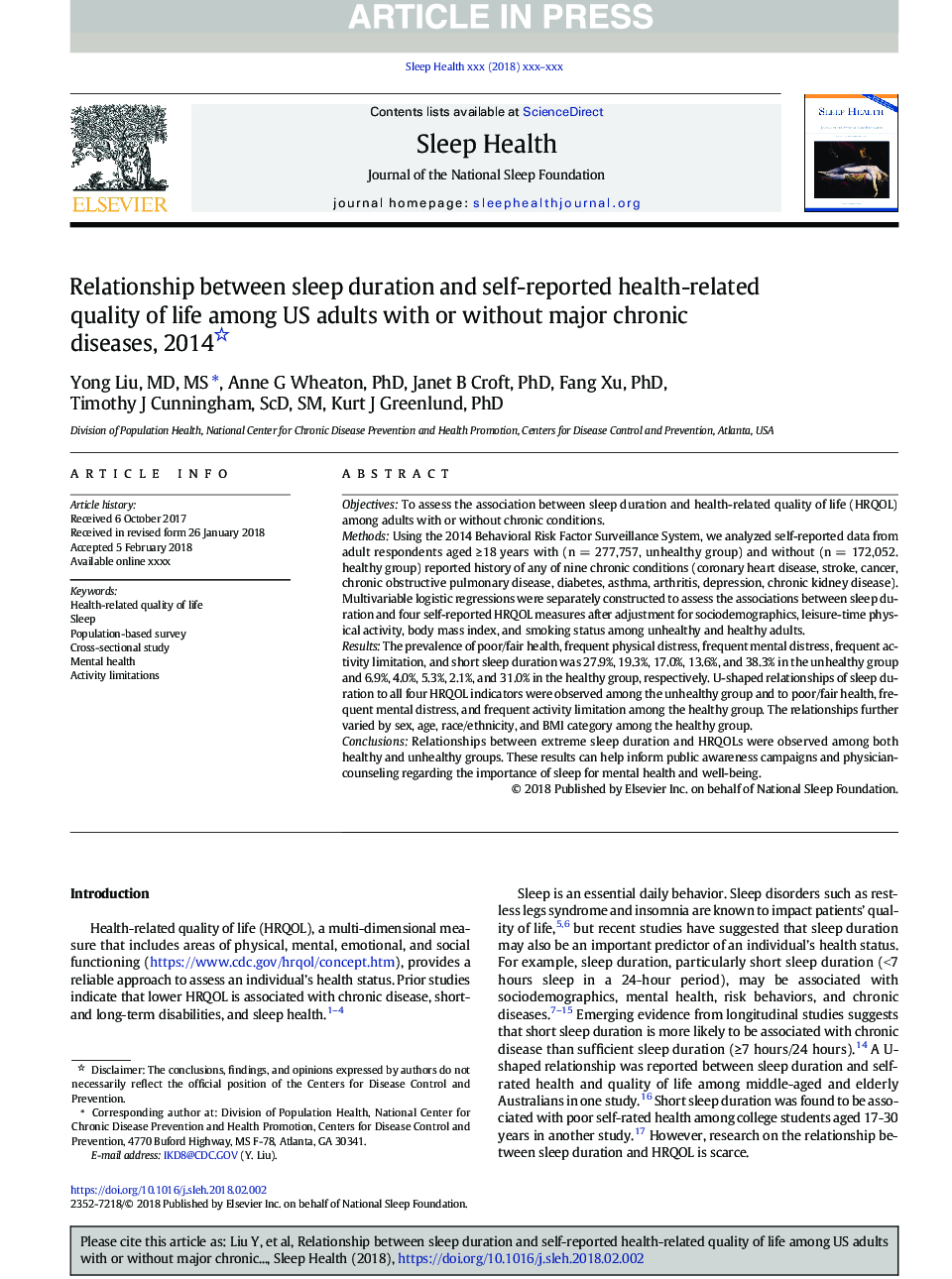 Relationship between sleep duration and self-reported health-related quality of life among US adults with or without major chronic diseases, 2014