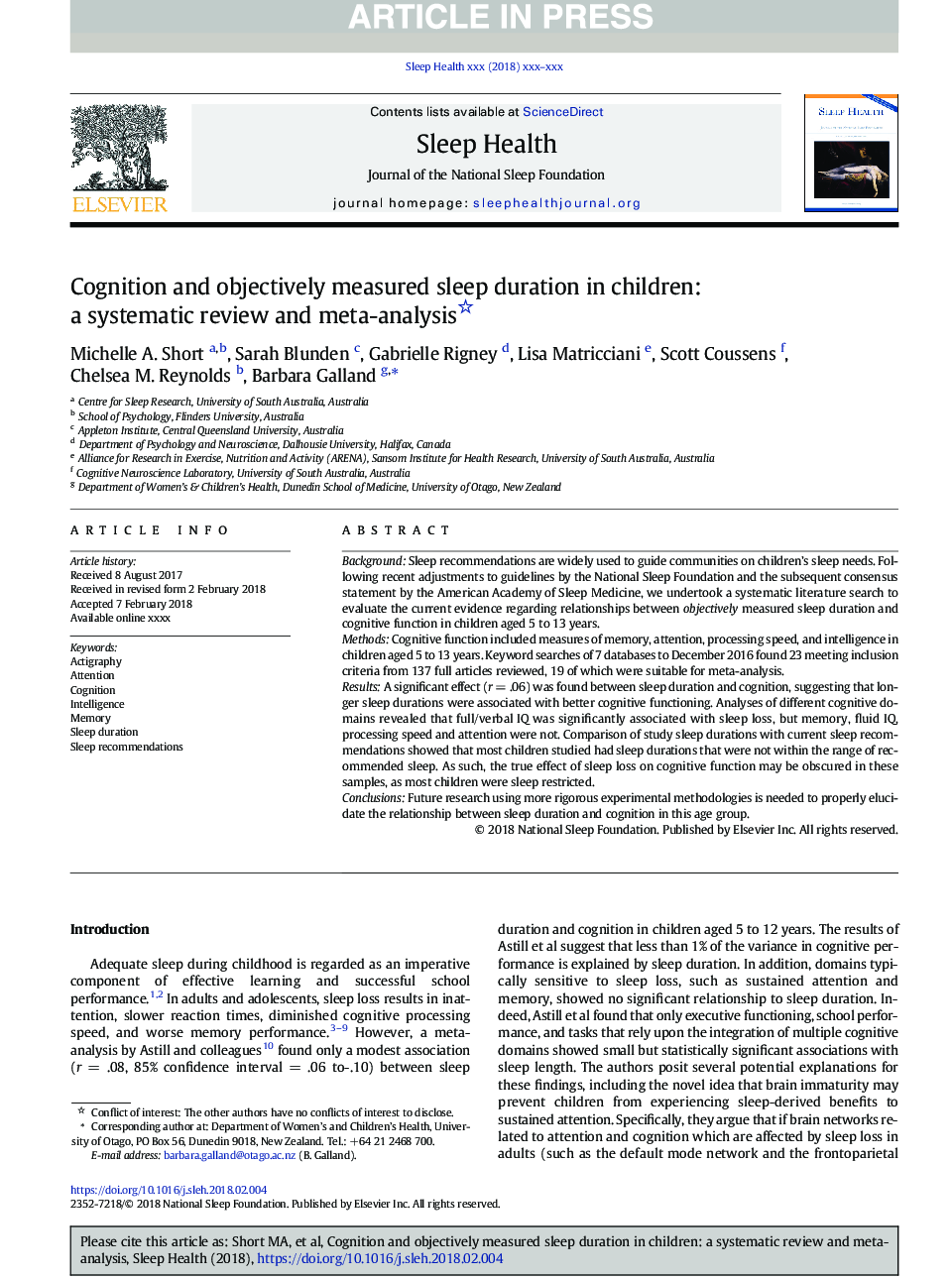 شناختی و مدت زمان خواب عمدی در کودکان: یک بررسی سیستماتیک و متاآنالیز 