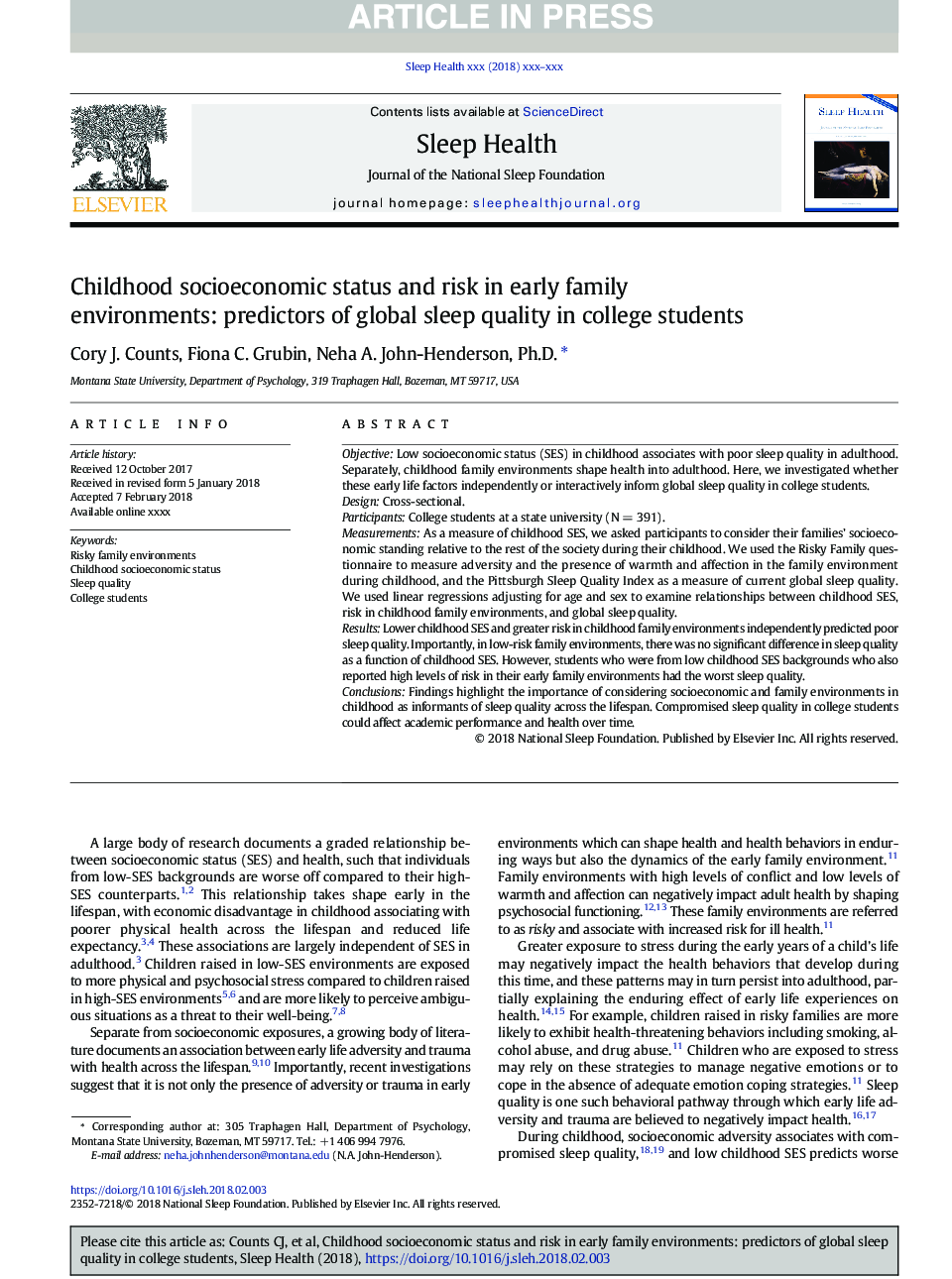 Childhood socioeconomic status and risk in early family environments: predictors of global sleep quality in college students