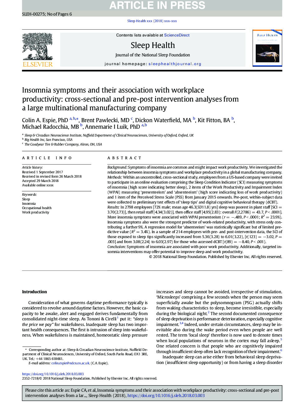 Insomnia symptoms and their association with workplace productivity: cross-sectional and pre-post intervention analyses from a large multinational manufacturing company