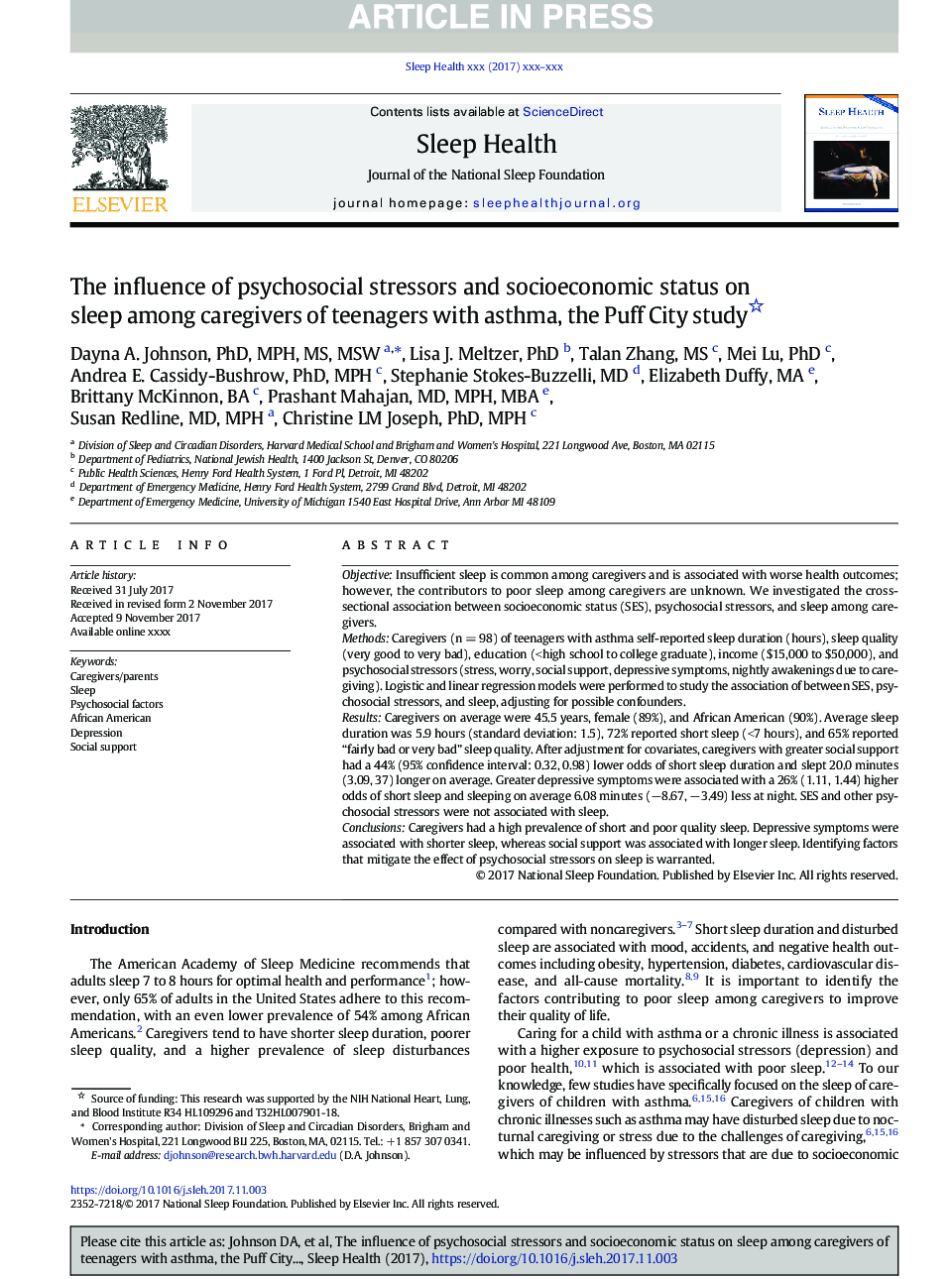 The influence of psychosocial stressors and socioeconomic status on sleep among caregivers of teenagers with asthma, the Puff City study