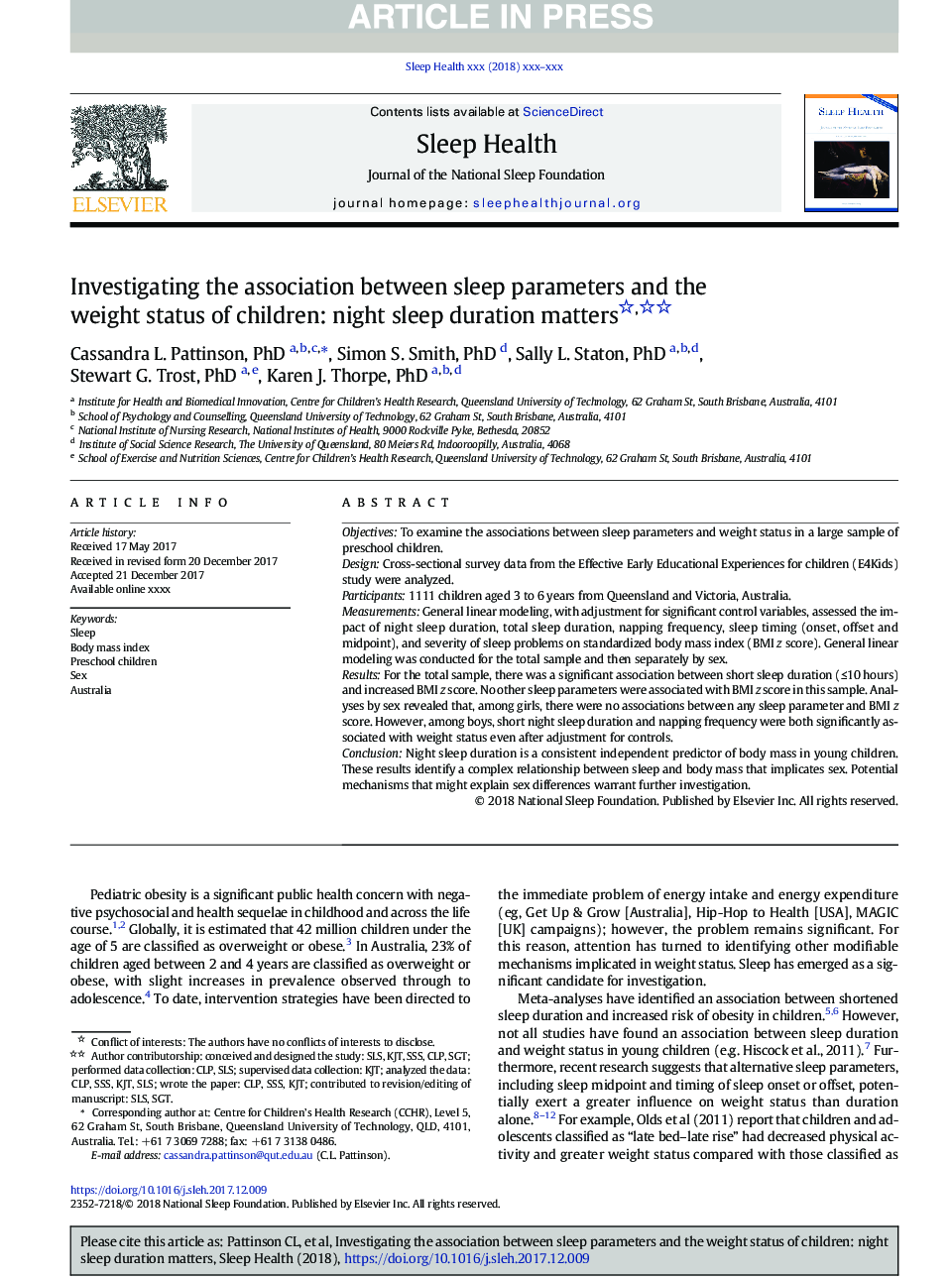 Investigating the association between sleep parameters and the weight status of children: night sleep duration matters
