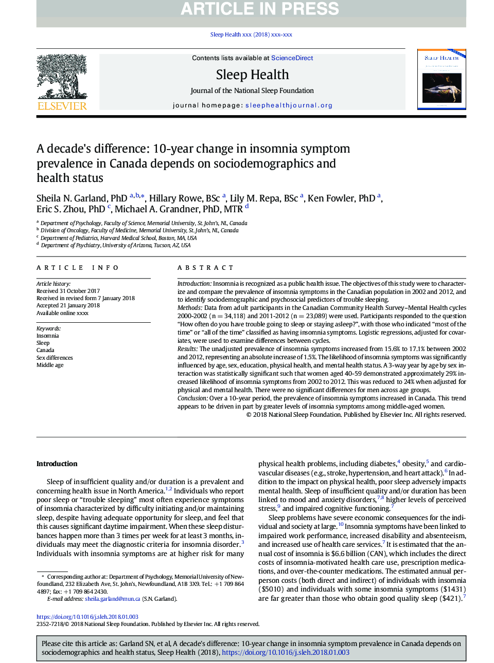 A decade's difference: 10-year change in insomnia symptom prevalence in Canada depends on sociodemographics and health status