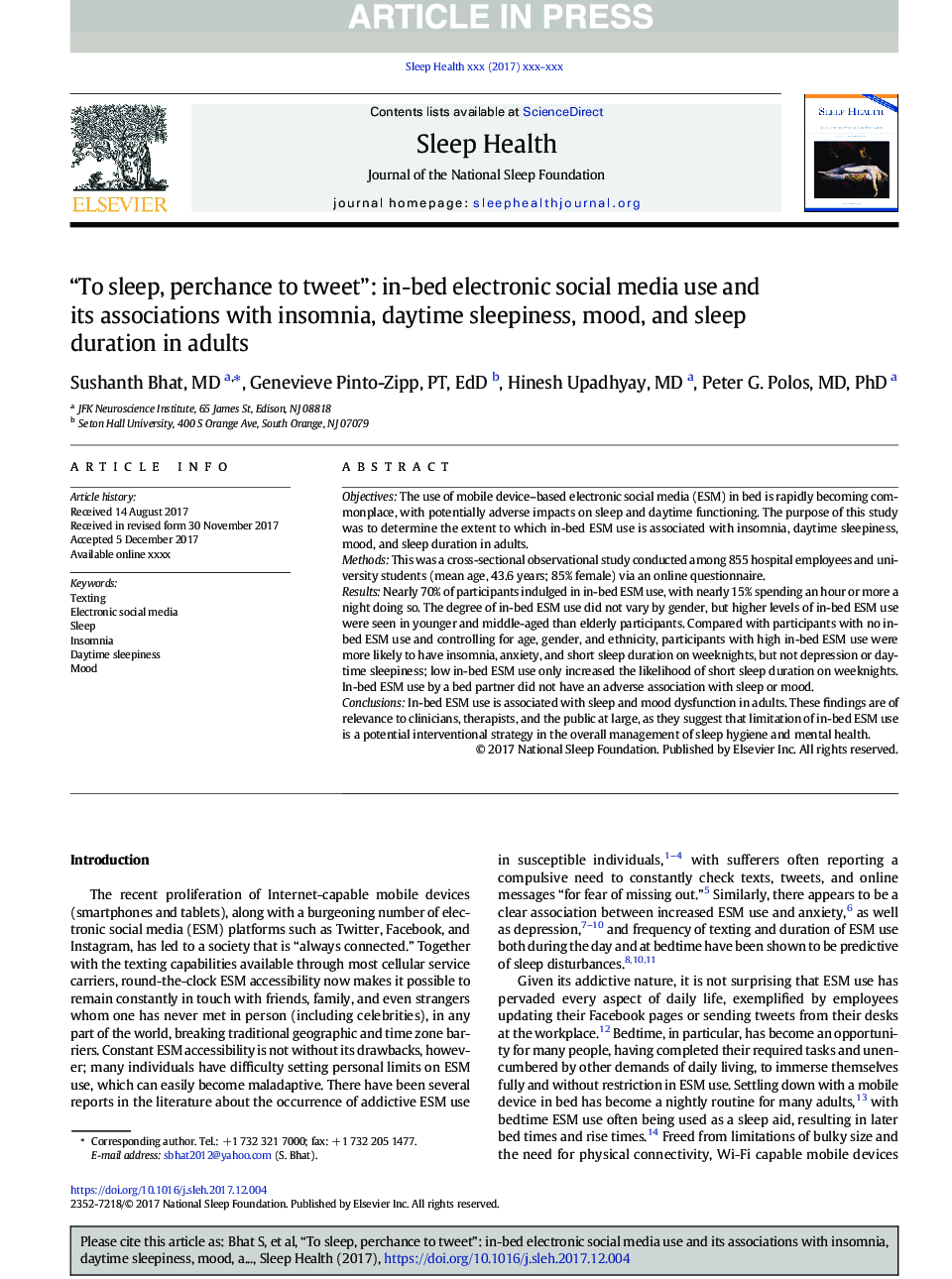 “To sleep, perchance to tweet”: in-bed electronic social media use and its associations with insomnia, daytime sleepiness, mood, and sleep duration in adults