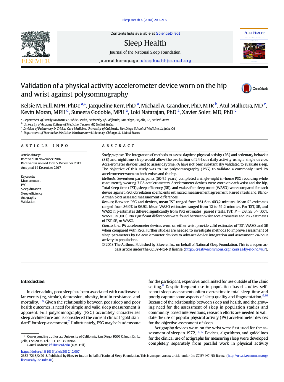 Validation of a physical activity accelerometer device worn on the hip and wrist against polysomnography