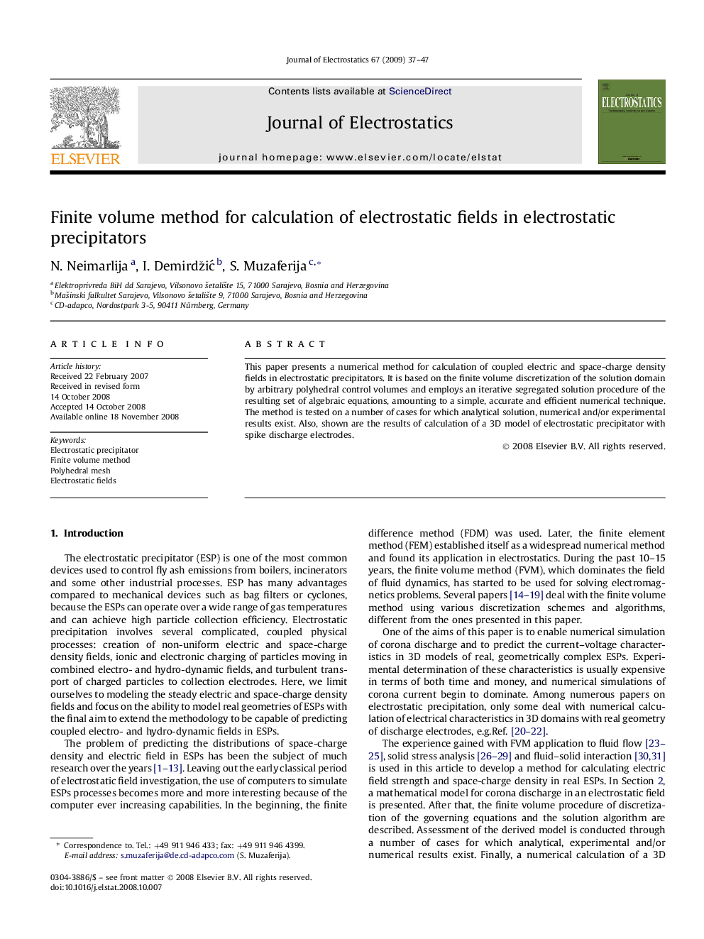 Finite volume method for calculation of electrostatic fields in electrostatic precipitators