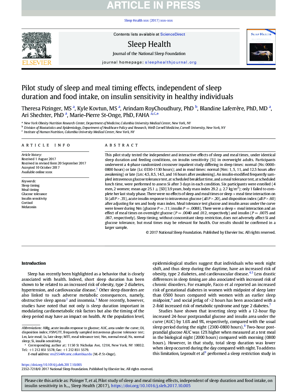 Pilot study of sleep and meal timing effects, independent of sleep duration and food intake, on insulin sensitivity in healthy individuals