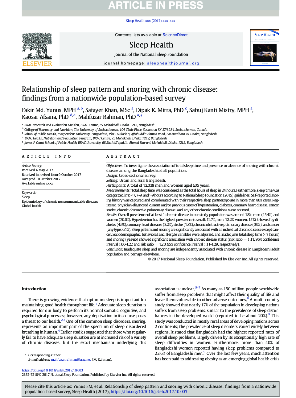 Relationship of sleep pattern and snoring with chronic disease: findings from a nationwide population-based survey
