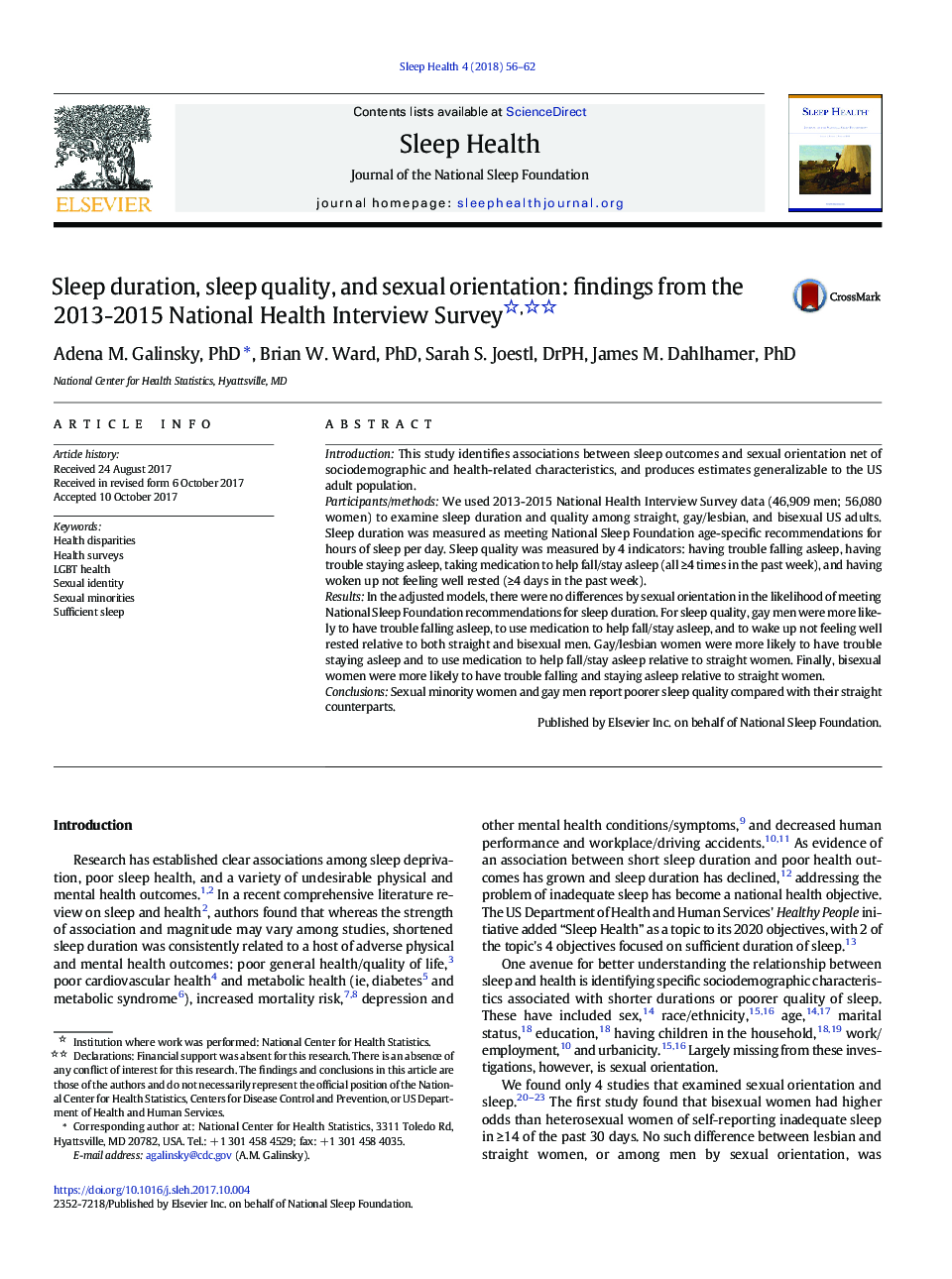 Sleep duration, sleep quality, and sexual orientation: findings from the 2013-2015 National Health Interview Survey