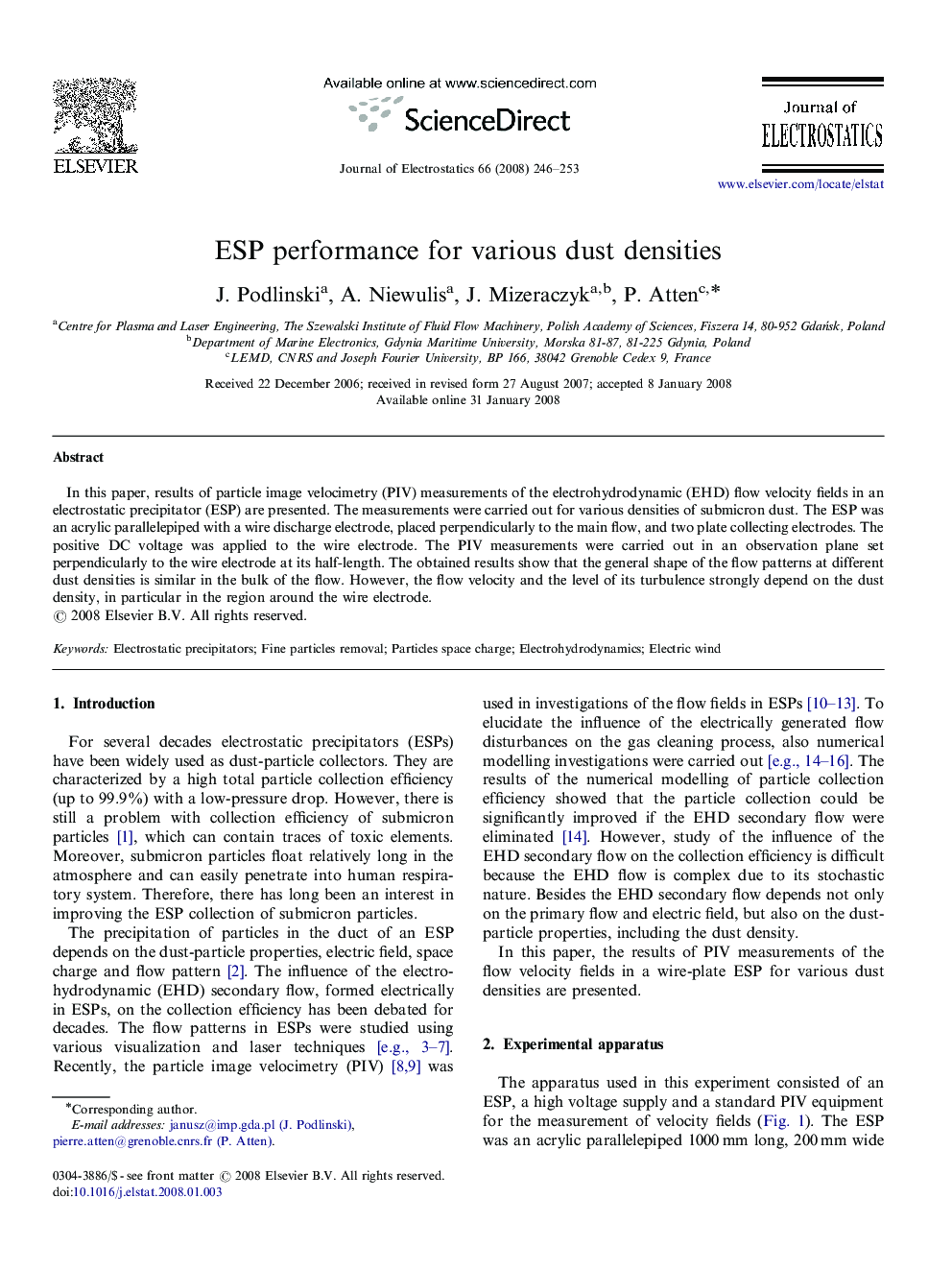 ESP performance for various dust densities