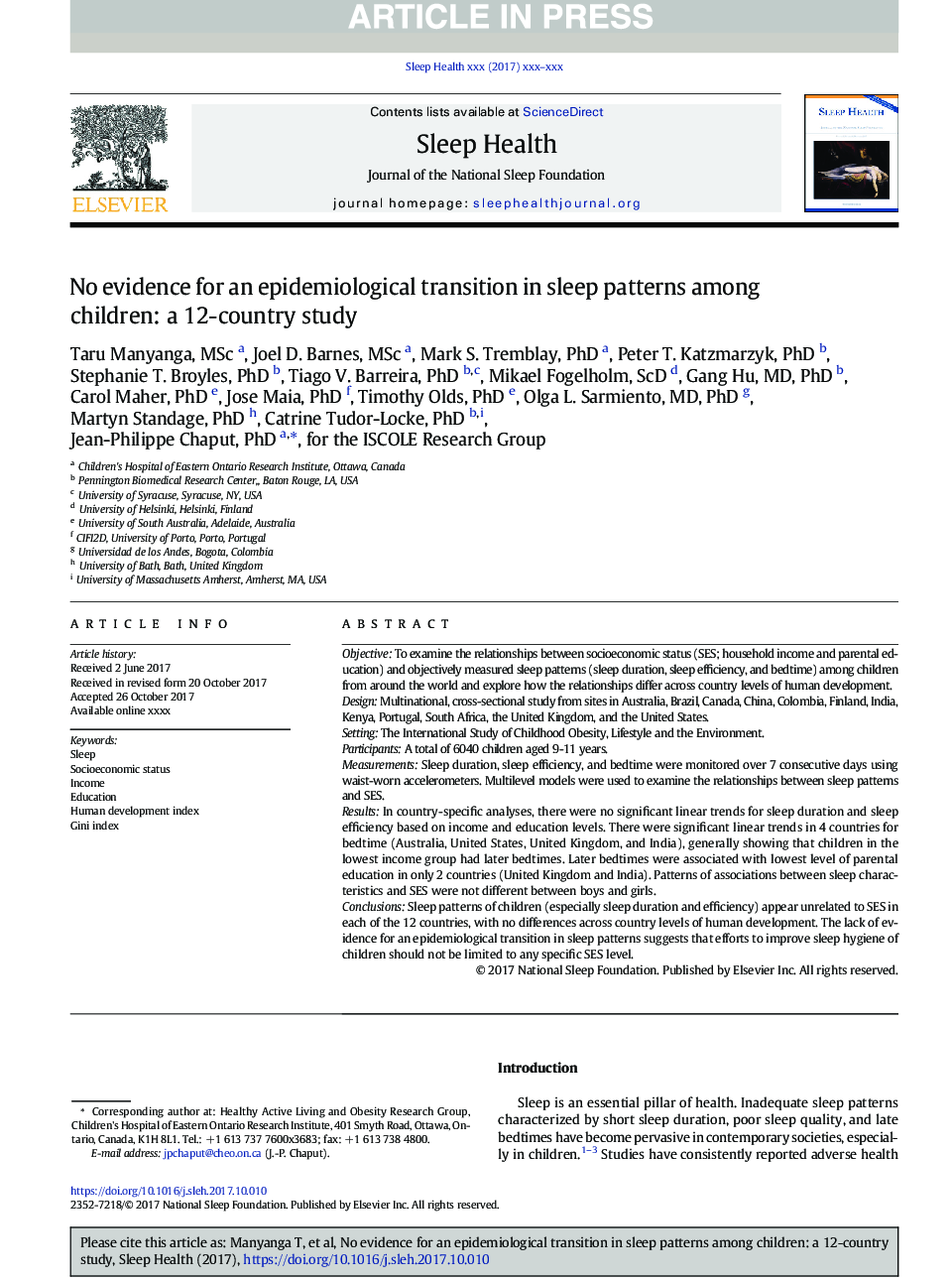 No evidence for an epidemiological transition in sleep patterns among children: a 12-country study