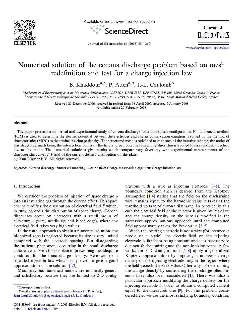 Numerical solution of the corona discharge problem based on mesh redefinition and test for a charge injection law