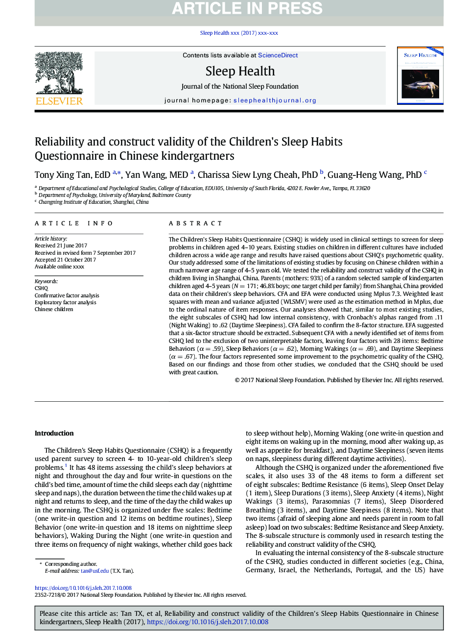 Reliability and construct validity of the Children's Sleep Habits Questionnaire in Chinese kindergartners