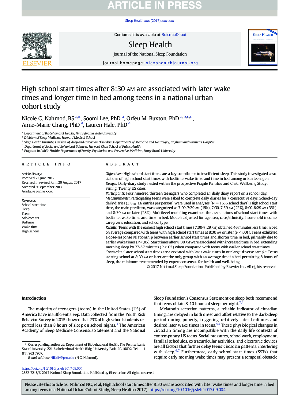 High school start times after 8:30 am are associated with later wake times and longer time in bed among teens in a national urban cohort study