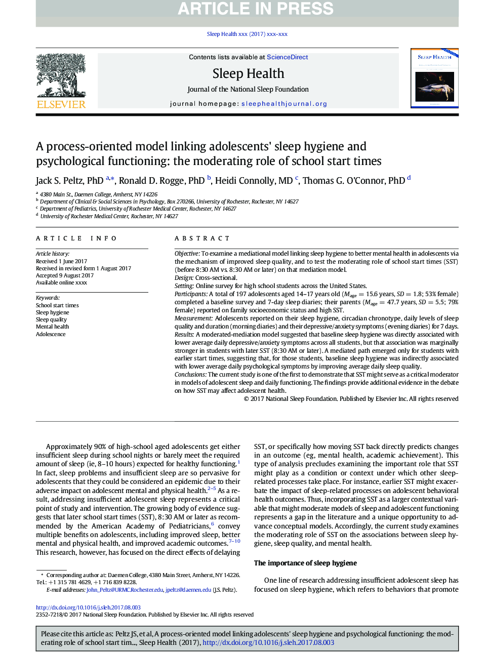 A process-oriented model linking adolescents' sleep hygiene and psychological functioning: the moderating role of school start times