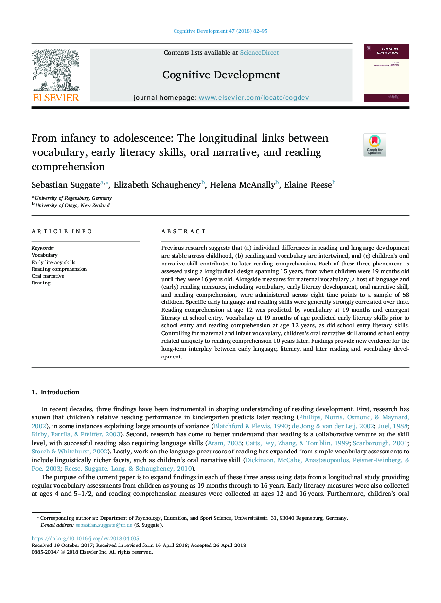 From infancy to adolescence: The longitudinal links between vocabulary, early literacy skills, oral narrative, and reading comprehension