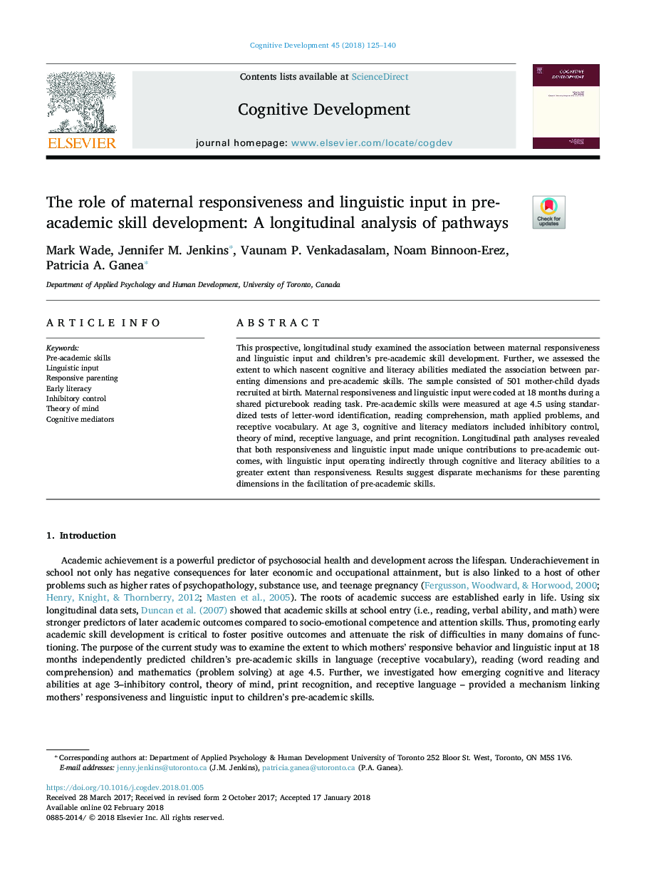 The role of maternal responsiveness and linguistic input in pre-academic skill development: A longitudinal analysis of pathways