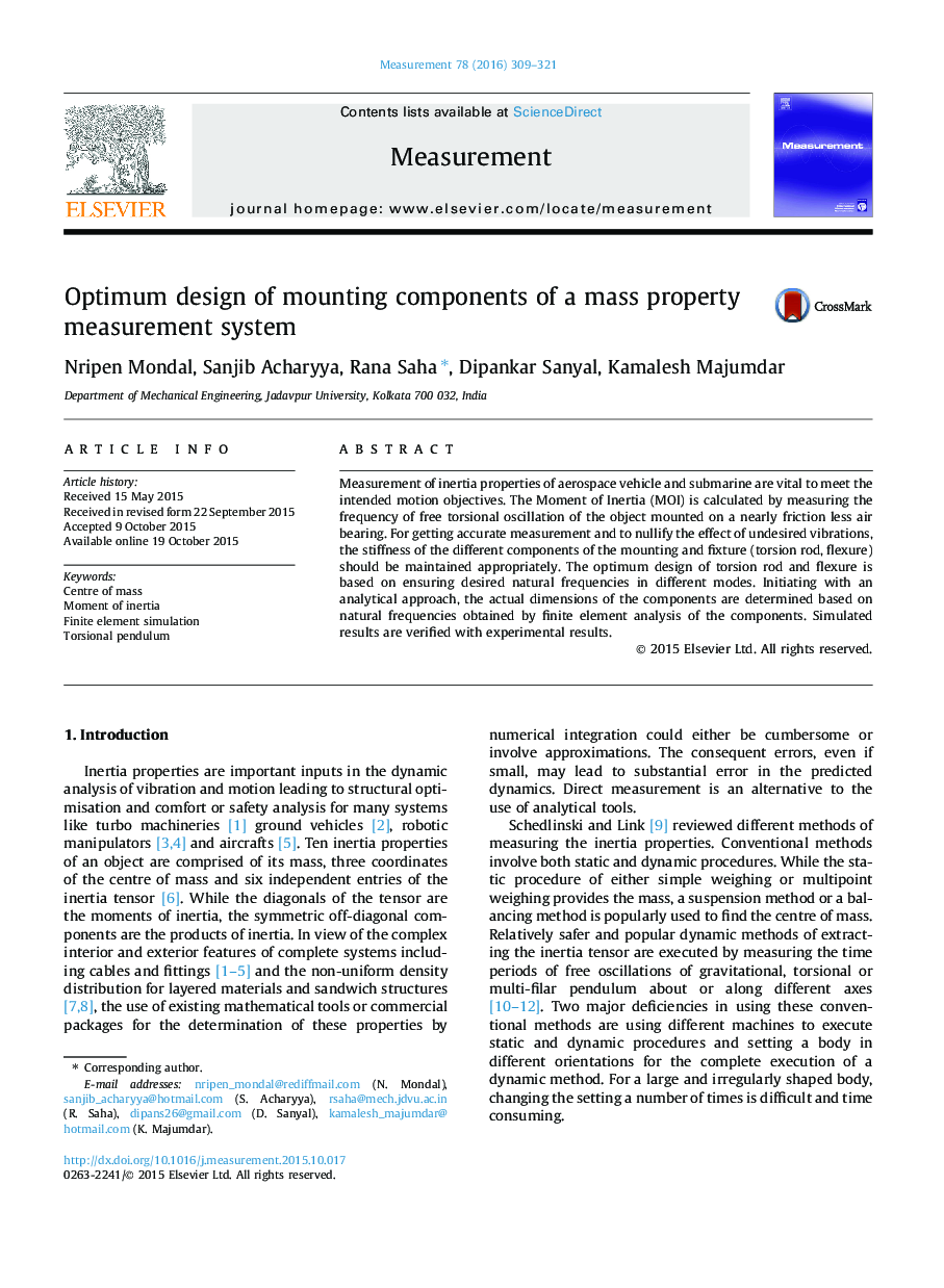 Optimum design of mounting components of a mass property measurement system