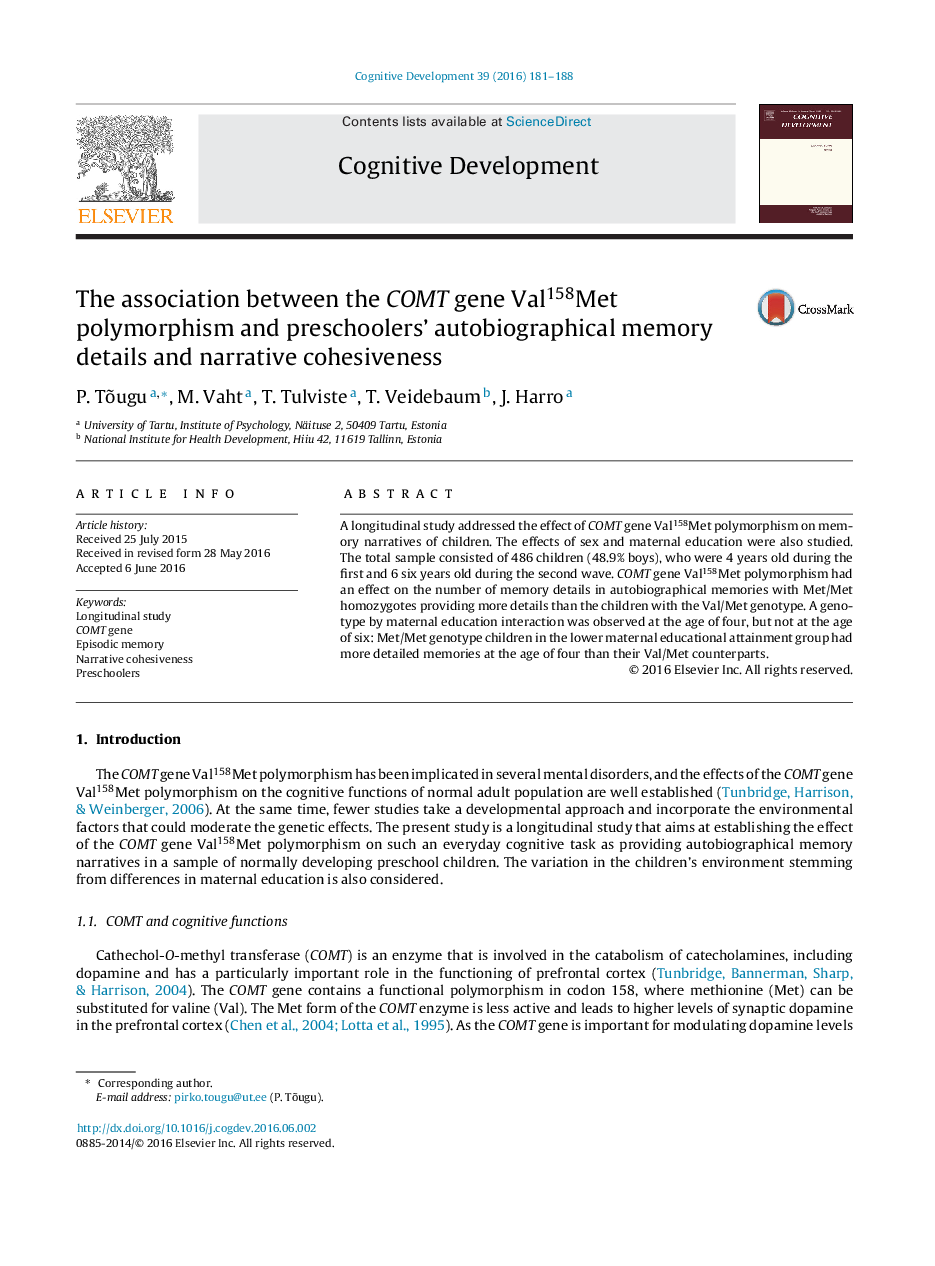 The association between the COMT gene Val158Met polymorphism and preschoolers' autobiographical memory details and narrative cohesiveness