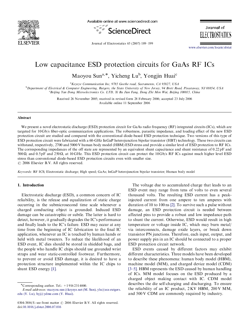 Low capacitance ESD protection circuits for GaAs RF ICs