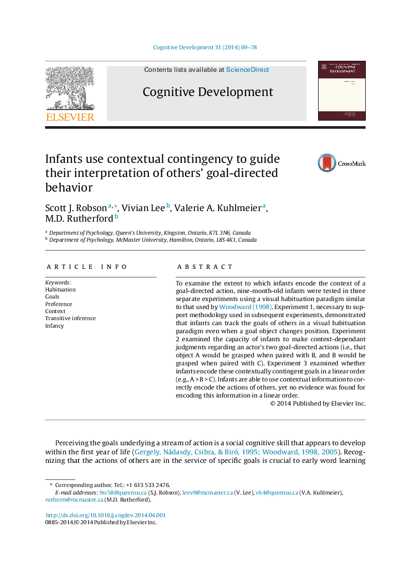 Infants use contextual contingency to guide their interpretation of others' goal-directed behavior