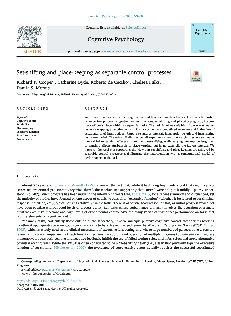 Set-shifting and place-keeping as separable control processes