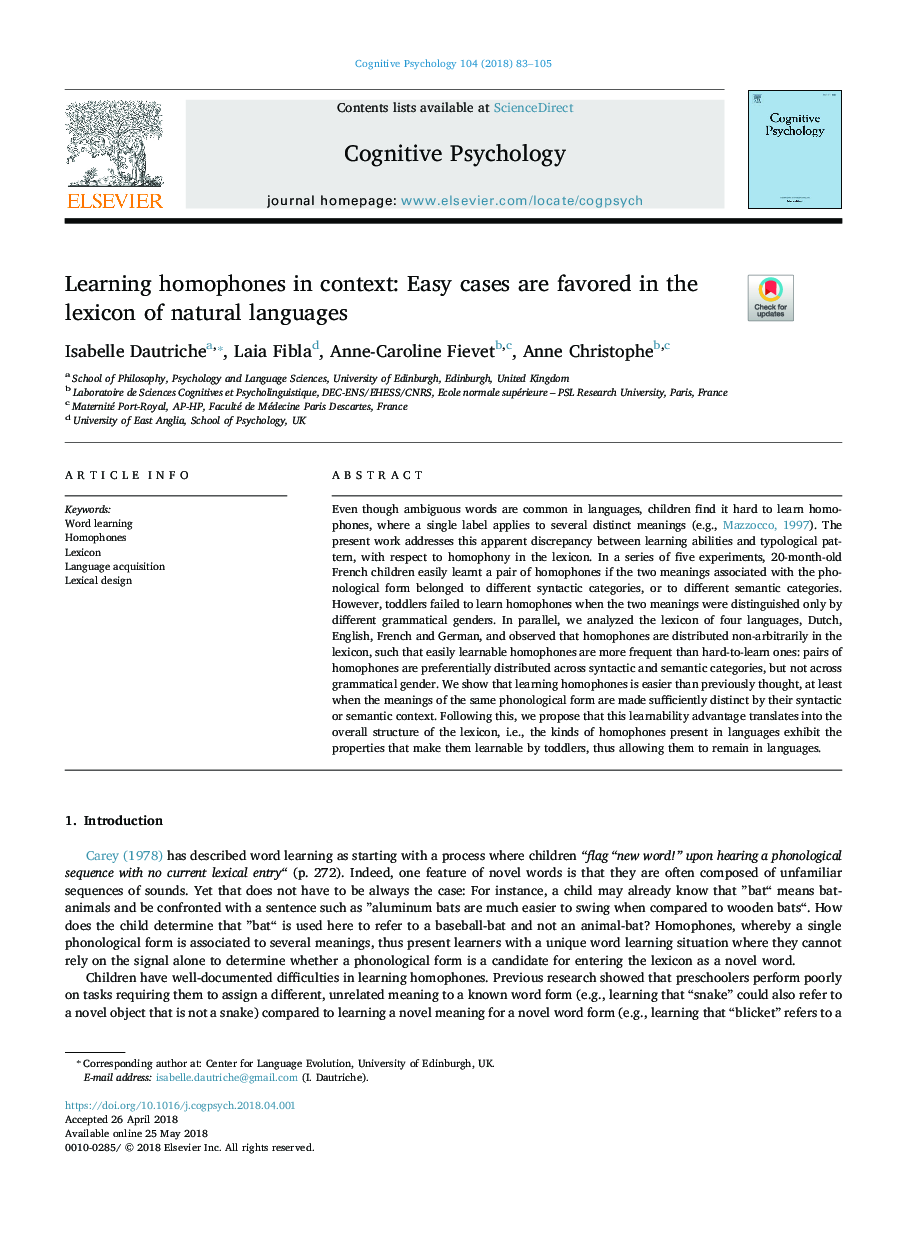 Learning homophones in context: Easy cases are favored in the lexicon of natural languages