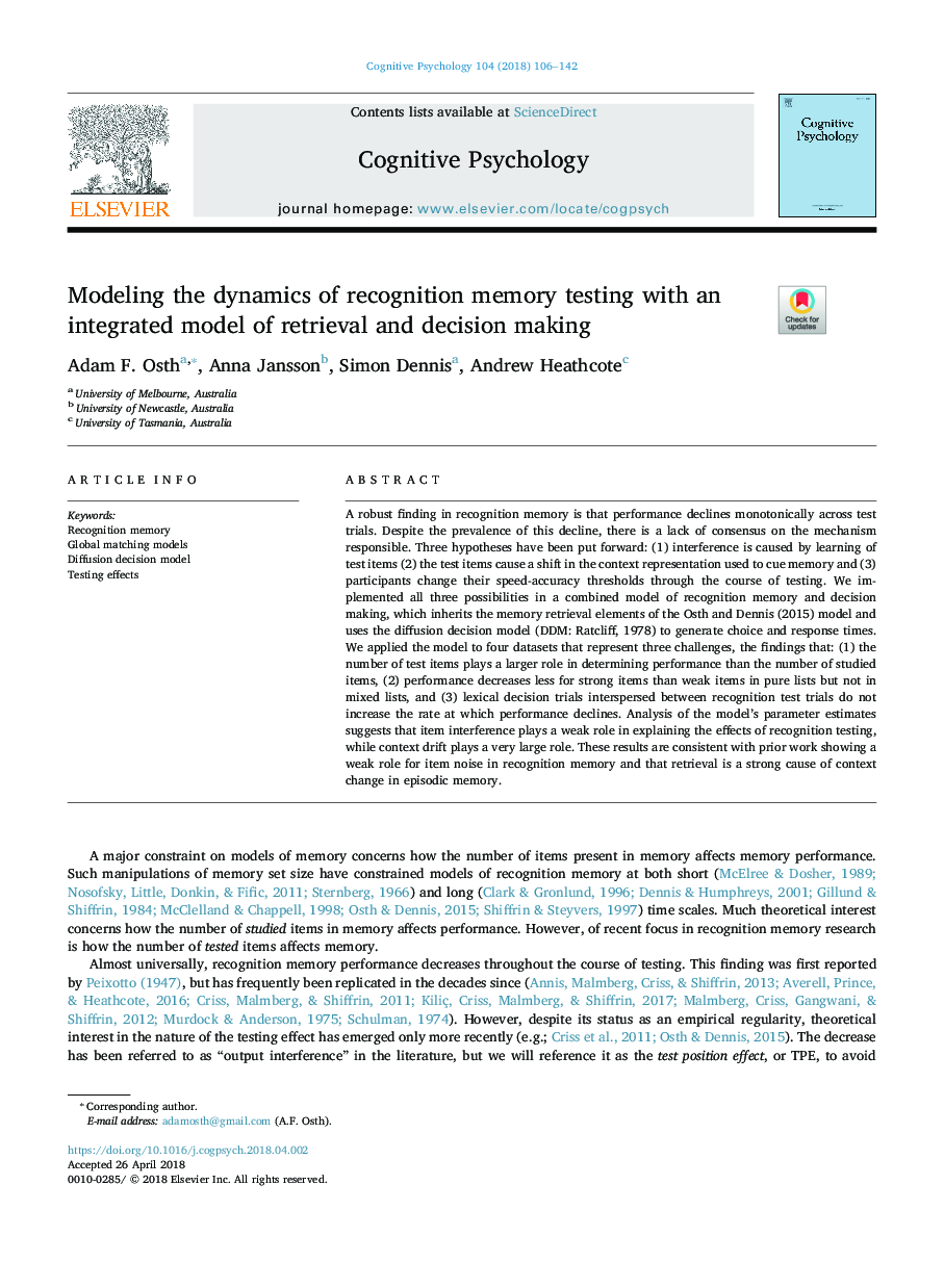 Modeling the dynamics of recognition memory testing with an integrated model of retrieval and decision making