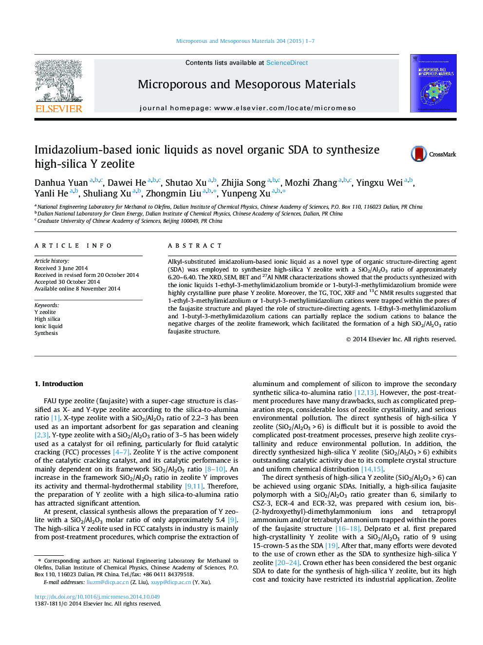 Imidazolium-based ionic liquids as novel organic SDA to synthesize high-silica Y zeolite