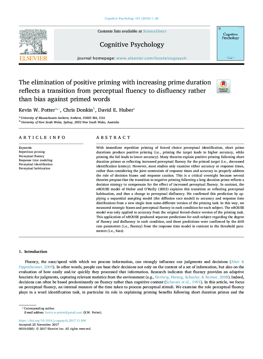 The elimination of positive priming with increasing prime duration reflects a transition from perceptual fluency to disfluency rather than bias against primed words