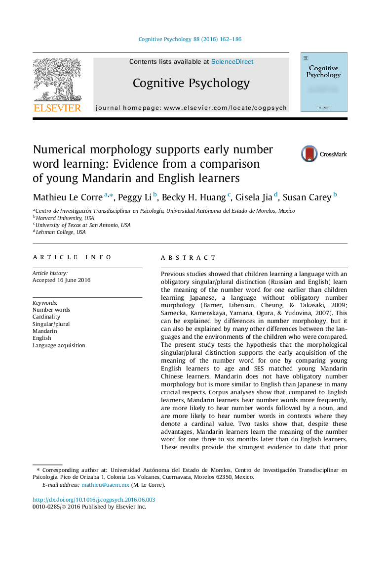 Numerical morphology supports early number word learning: Evidence from a comparison of young Mandarin and English learners