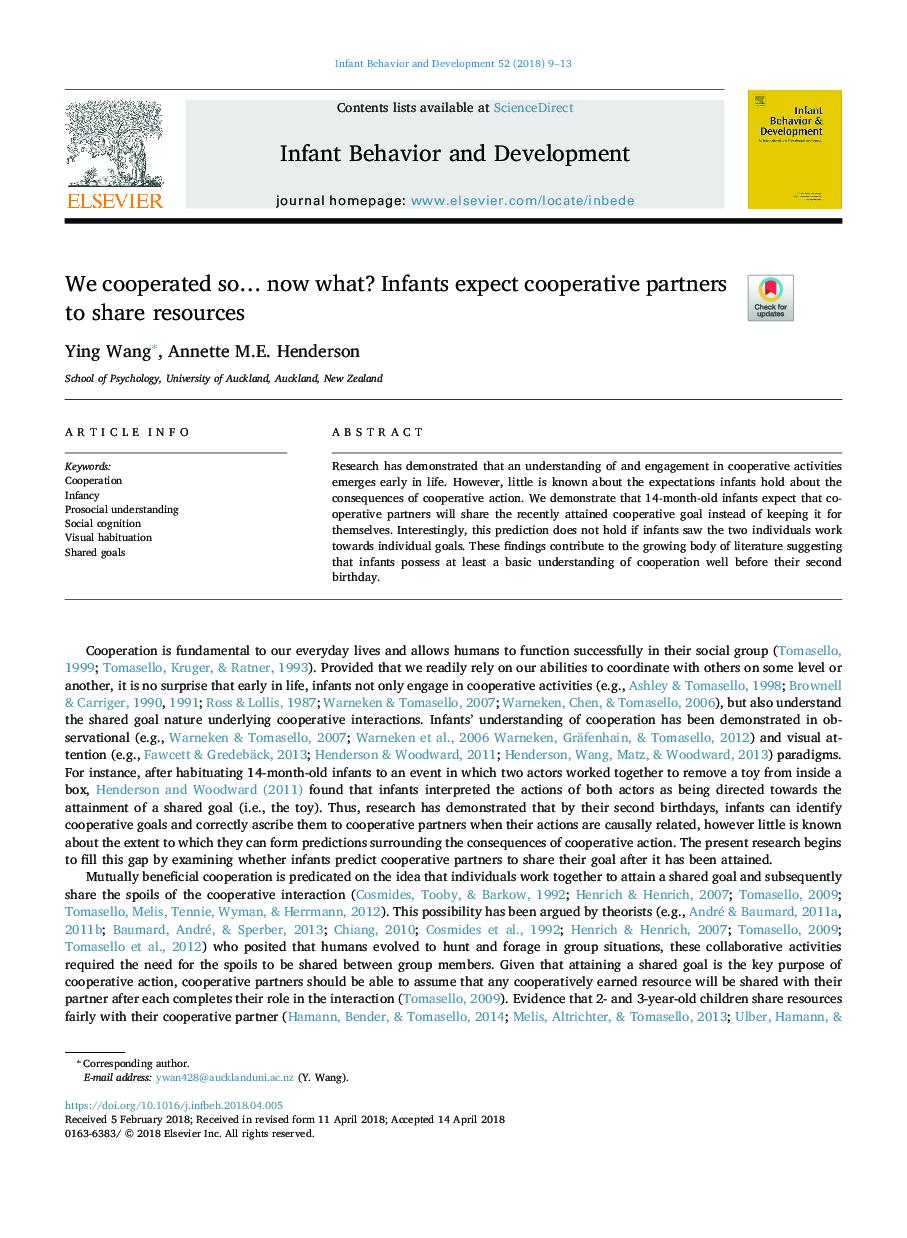 We cooperated soâ¦ now what? Infants expect cooperative partners to share resources