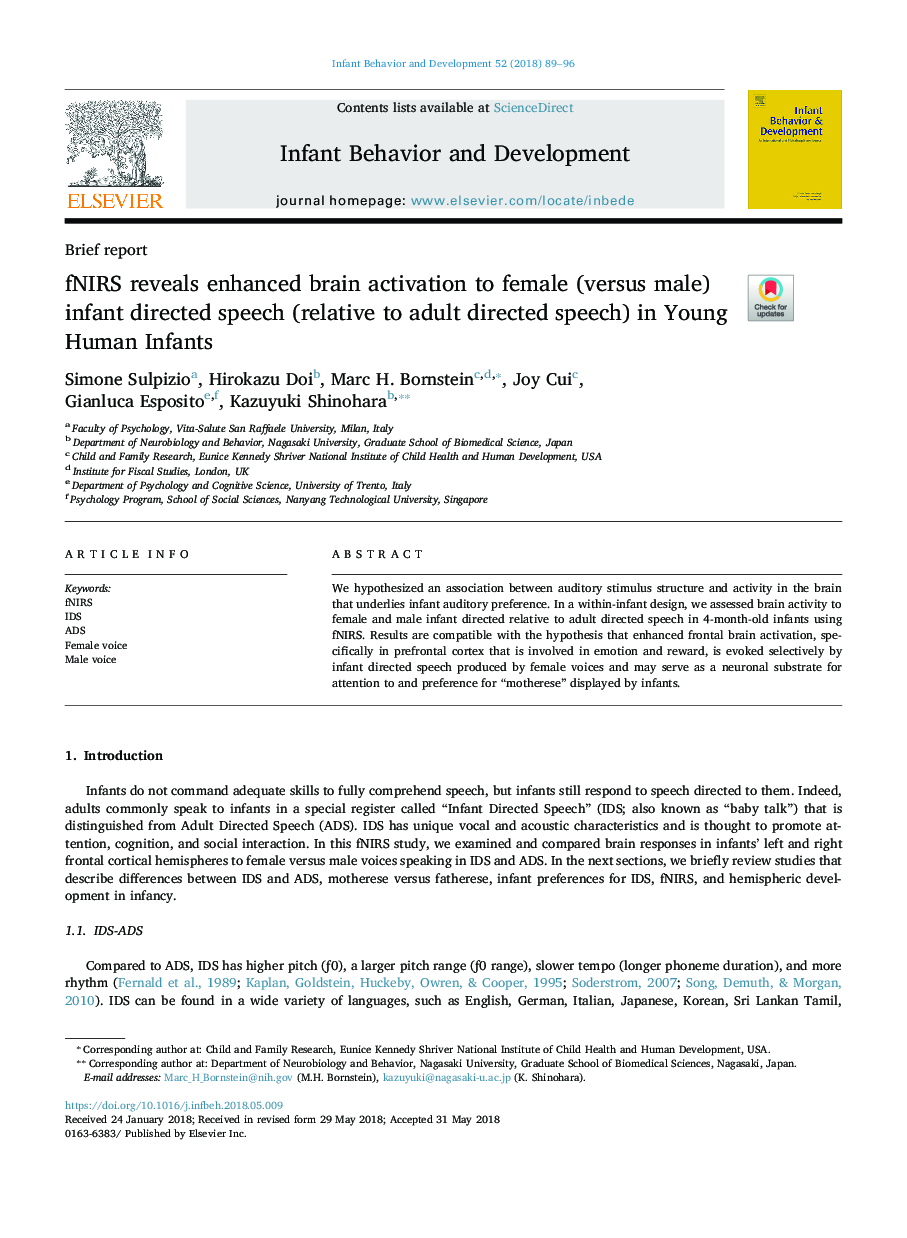 fNIRS reveals enhanced brain activation to female (versus male) infant directed speech (relative to adult directed speech) in Young Human Infants