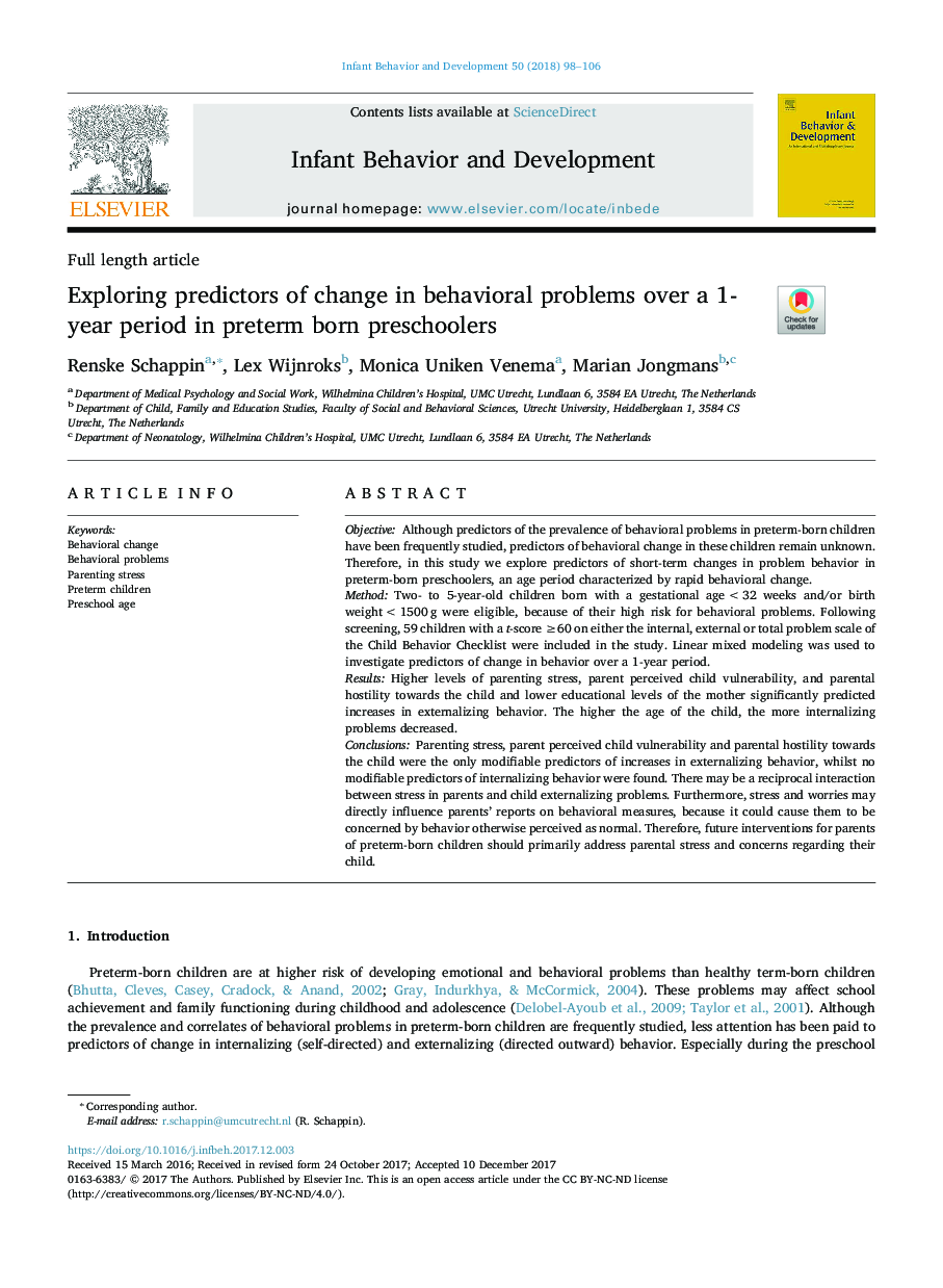 Exploring predictors of change in behavioral problems over a 1-year period in preterm born preschoolers