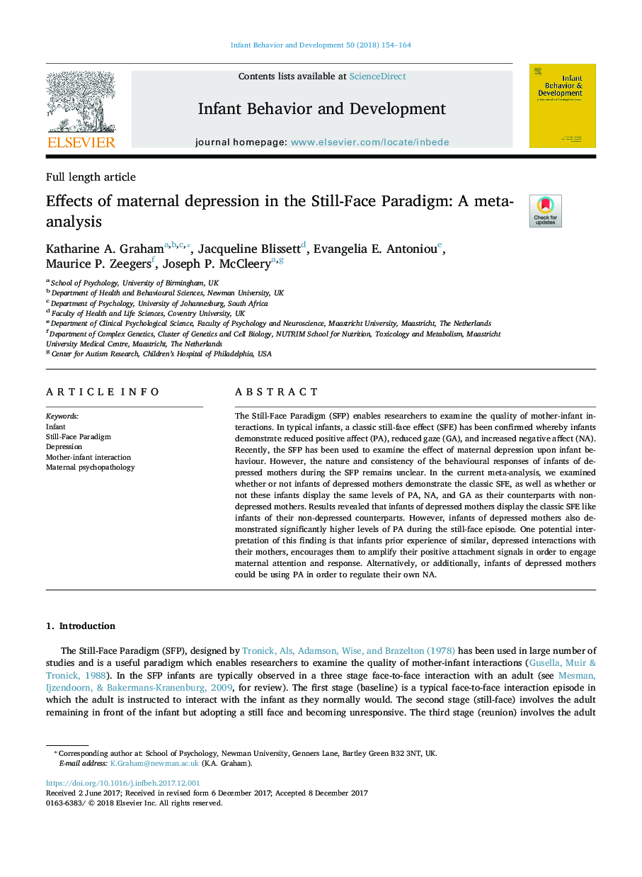 Effects of maternal depression in the Still-Face Paradigm: A meta-analysis