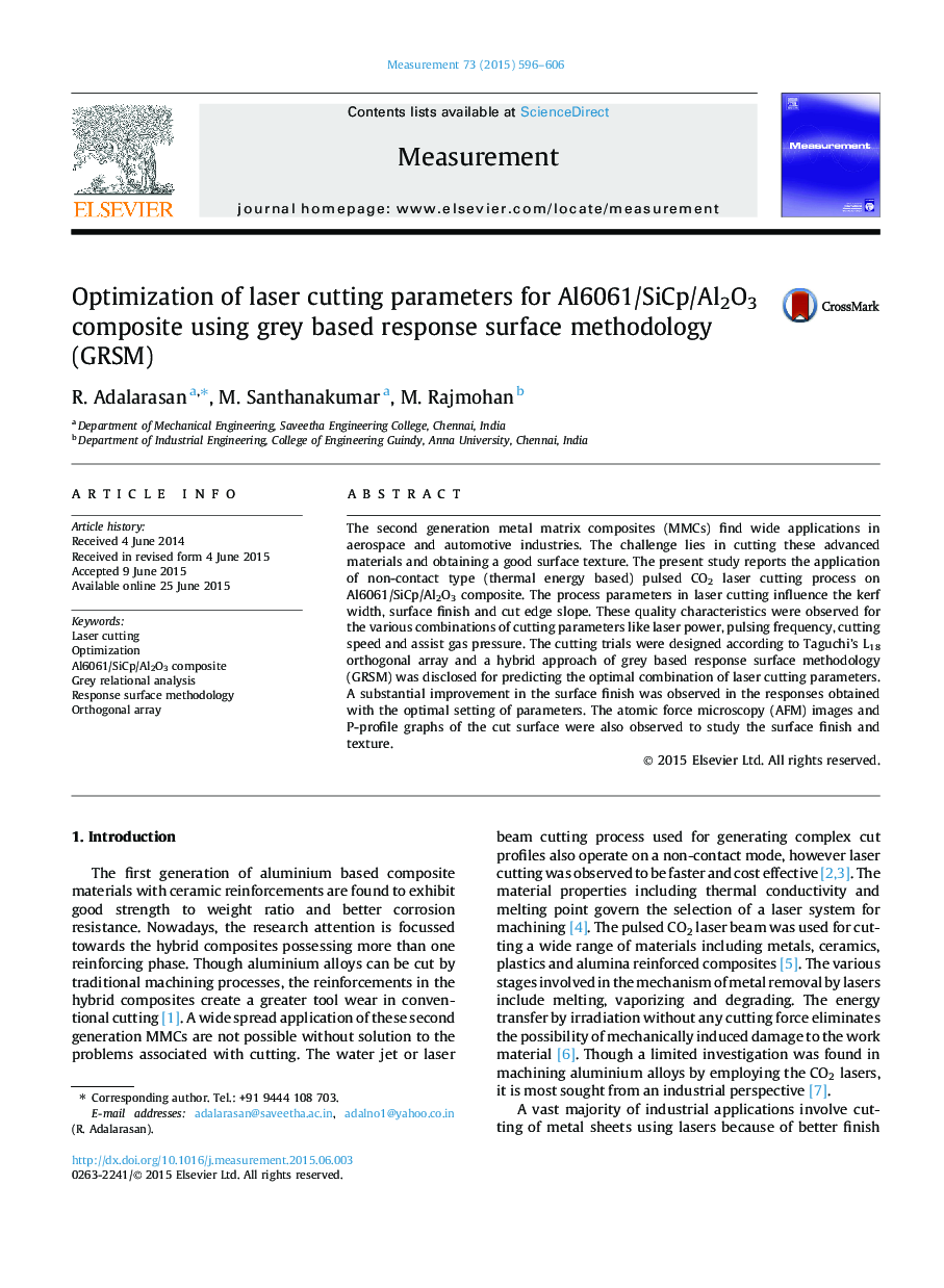 عکس صفحه اول مقاله: Optimization of laser cutting parameters for Al6061/SiCp/Al2O3 composite using grey based response surface methodology (GRSM) Optimization of laser cutting parameters for Al6061/SiCp/Al2O3 composite using grey based response surface methodology (GRSM)