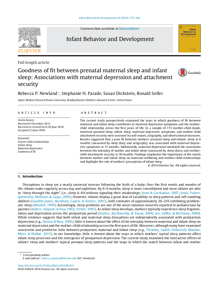 Goodness of fit between prenatal maternal sleep and infant sleep: Associations with maternal depression and attachment security