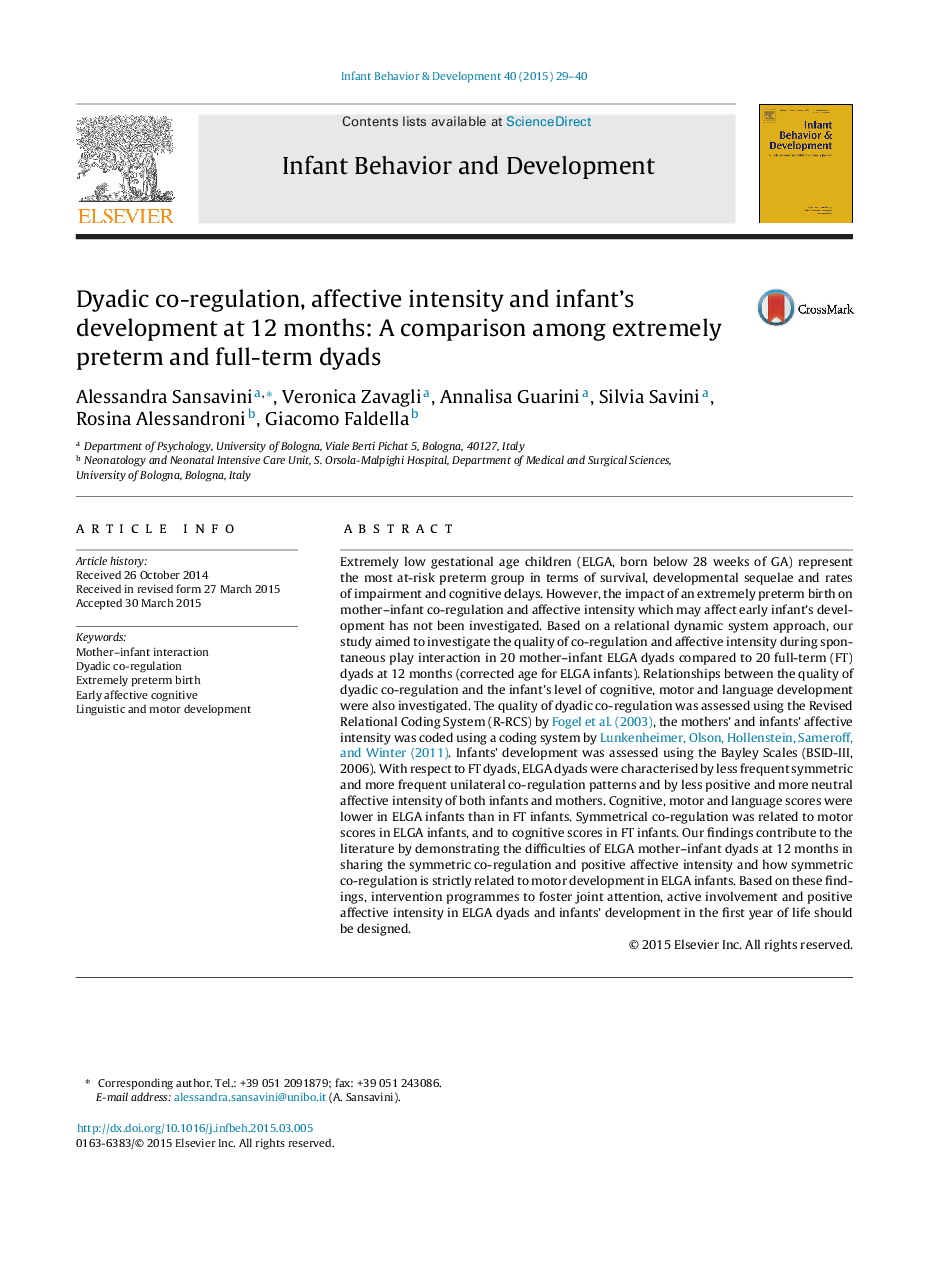 Dyadic co-regulation, affective intensity and infant's development at 12 months: A comparison among extremely preterm and full-term dyads