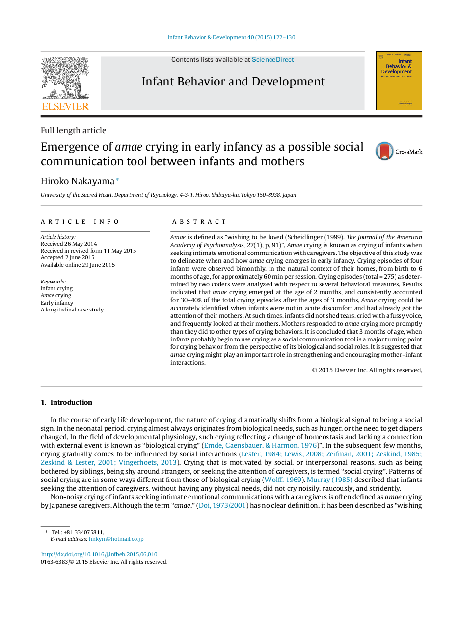 Emergence of amae crying in early infancy as a possible social communication tool between infants and mothers