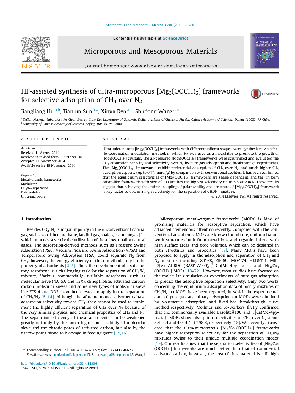 HF-assisted synthesis of ultra-microporous [Mg3(OOCH)6] frameworks for selective adsorption of CH4 over N2