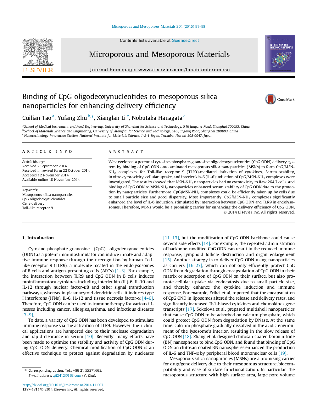 Binding of CpG oligodeoxynucleotides to mesoporous silica nanoparticles for enhancing delivery efficiency