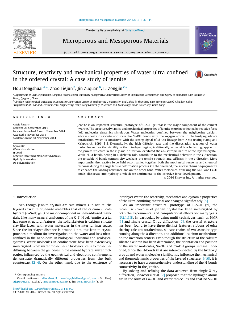 Structure, reactivity and mechanical properties of water ultra-confined in the ordered crystal: A case study of jennite