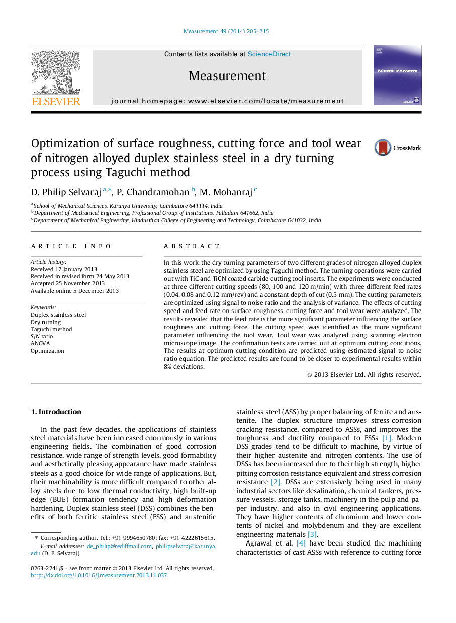 Optimization of surface roughness, cutting force and tool wear of nitrogen alloyed duplex stainless steel in a dry turning process using Taguchi method