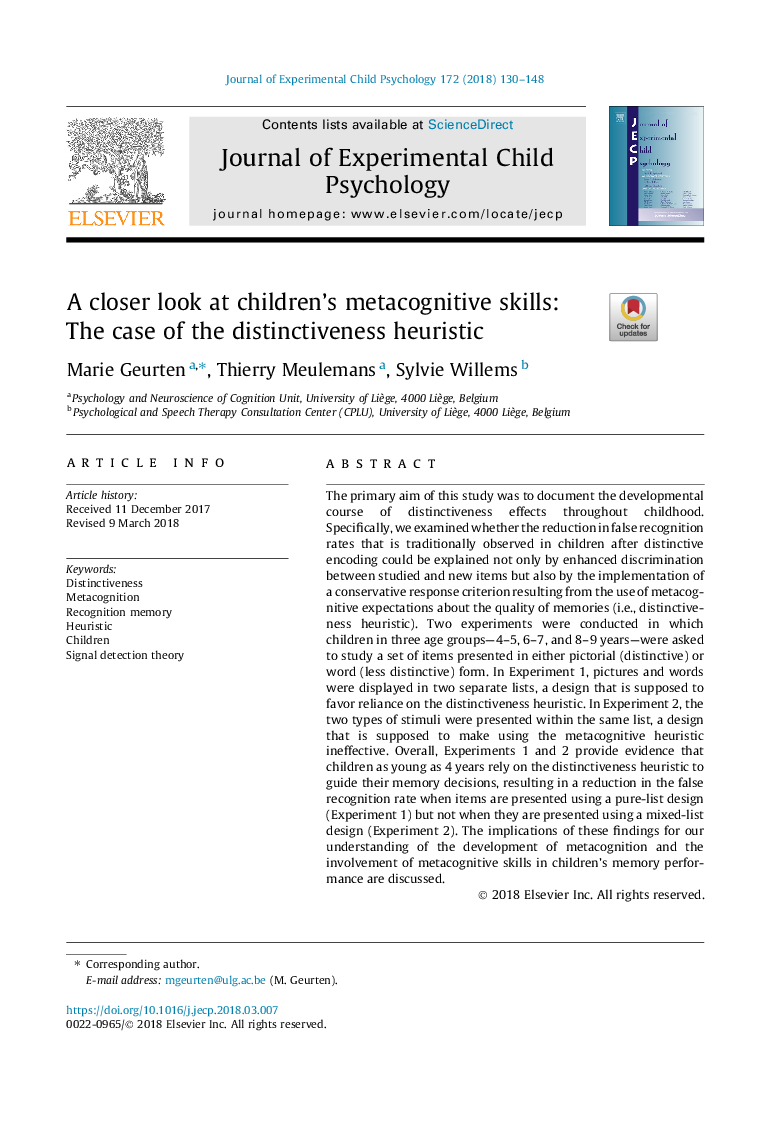 A closer look at children's metacognitive skills: The case of the distinctiveness heuristic