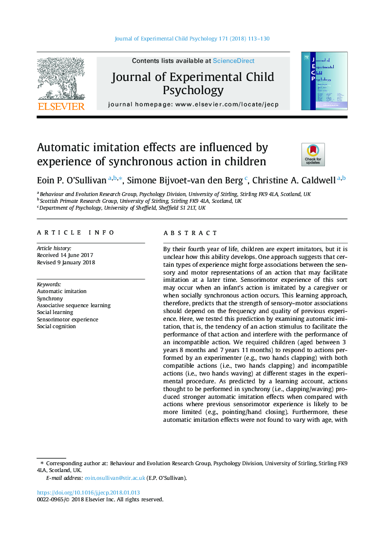 Automatic imitation effects are influenced by experience of synchronous action in children