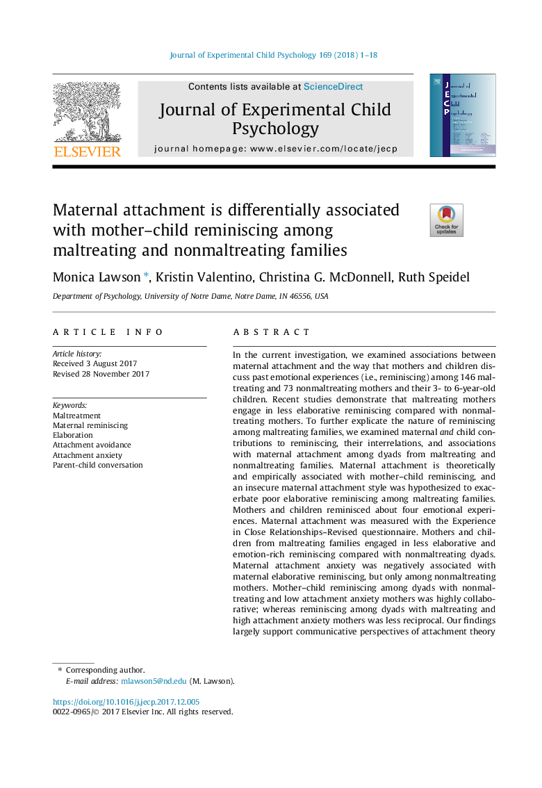 Maternal attachment is differentially associated with mother-child reminiscing among maltreating and nonmaltreating families