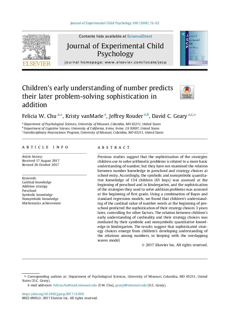 Children's early understanding of number predicts their later problem-solving sophistication in addition