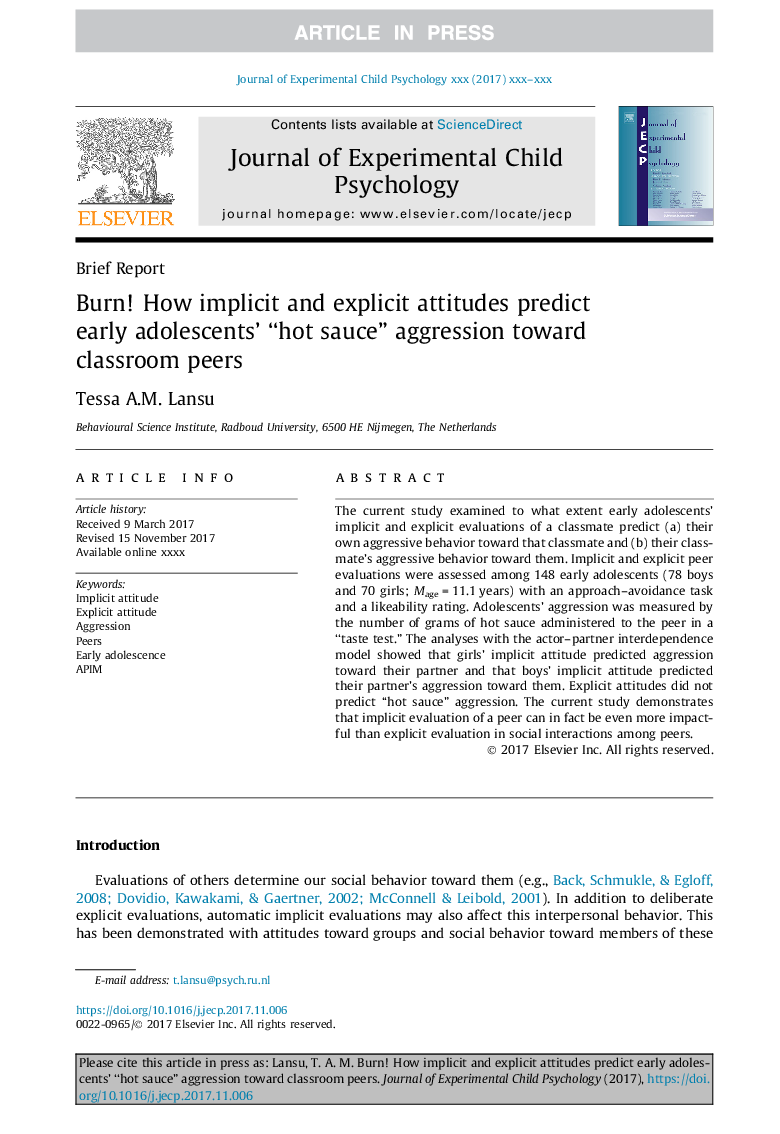 Burn! How implicit and explicit attitudes predict early adolescents' “hot sauce” aggression toward classroom peers