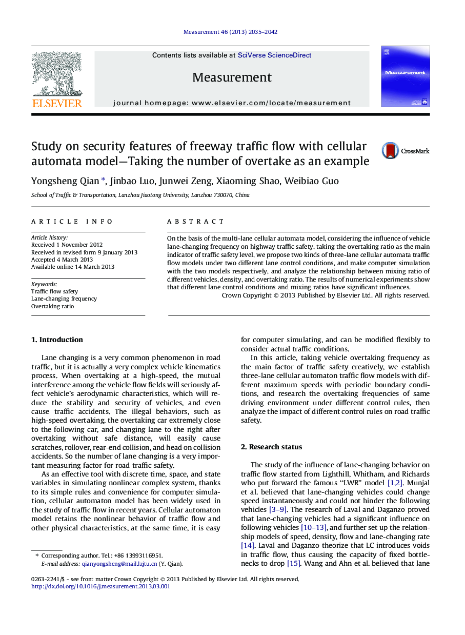 Study on security features of freeway traffic flow with cellular automata model—Taking the number of overtake as an example