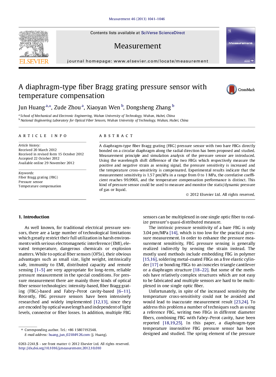 A diaphragm-type fiber Bragg grating pressure sensor with temperature compensation